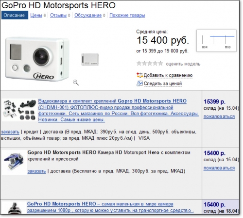 Стоимость камеры GoPro в российских интернет-магазинах