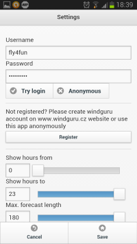Настройки мобильного приложения Windguru