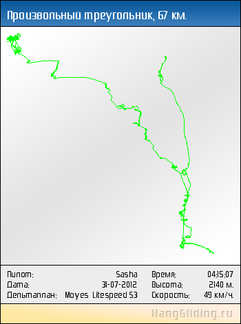 2012-07-31: Произвольный треугольник, 67 км. Дельтаплан: Moyes Litespeed S3